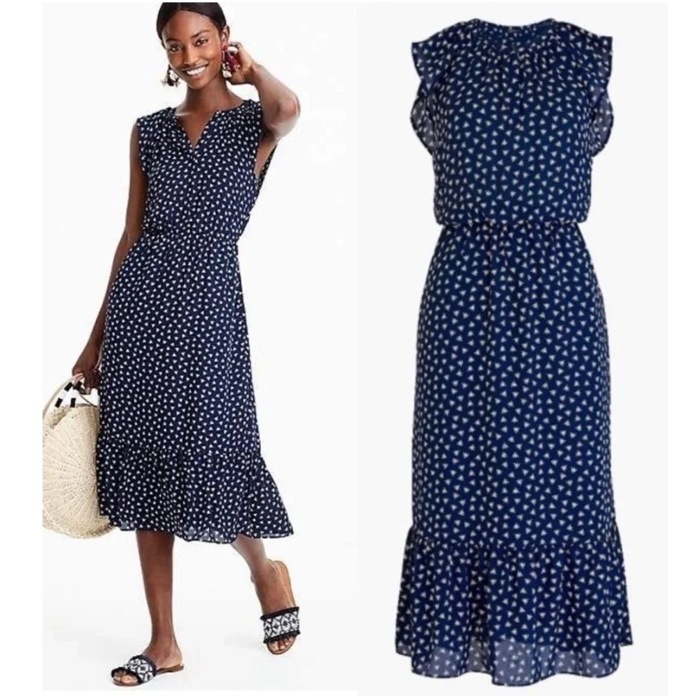 J. Crew Dragonfly Flutter Sleeve Ruffle A-Line Midi Dress Novelty Navy Medium